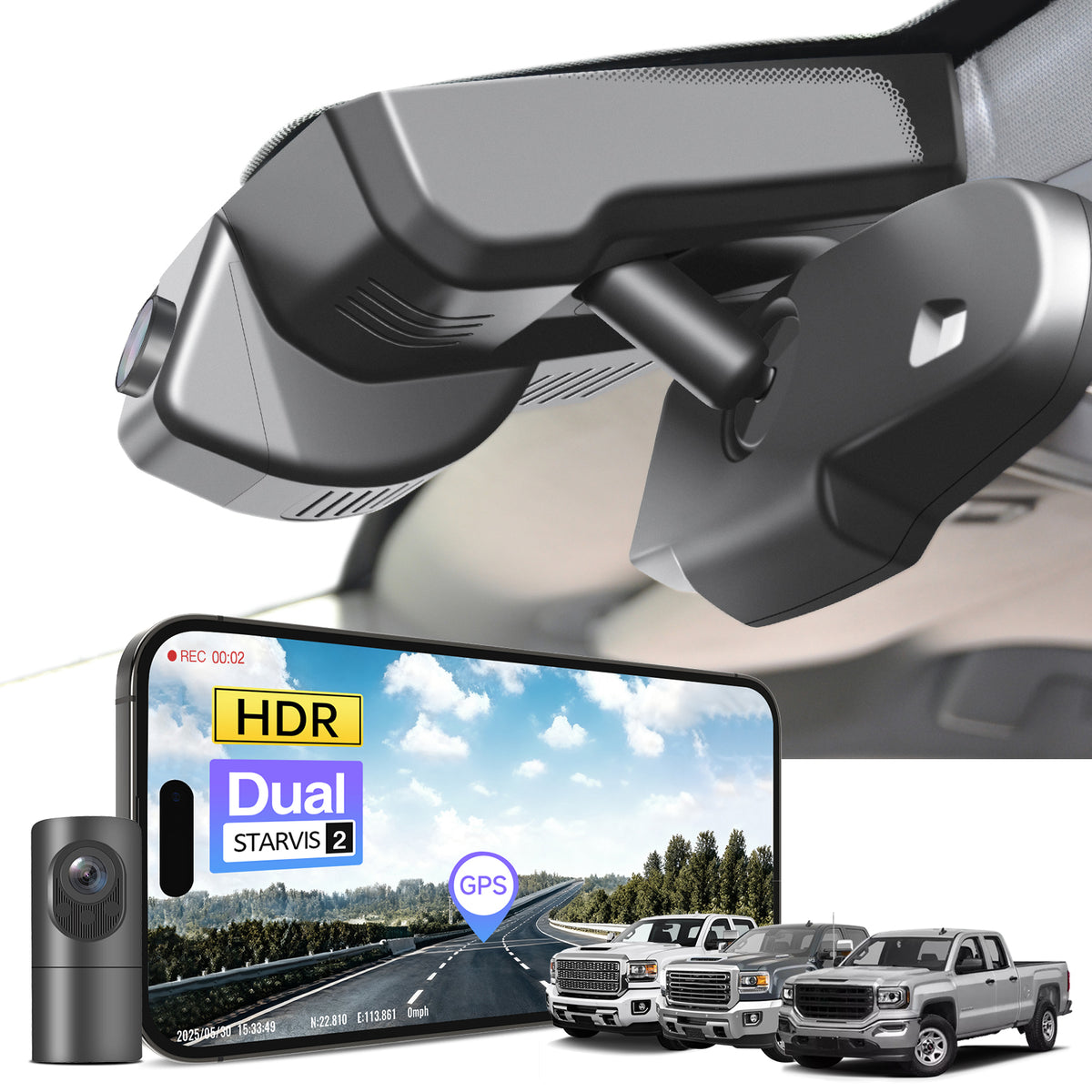 2 channel dash cam with dual STARVIS 2, features smartphone app control, 4K Ultra HD recording, GPS tracking, and GMC Sierra models in the background.