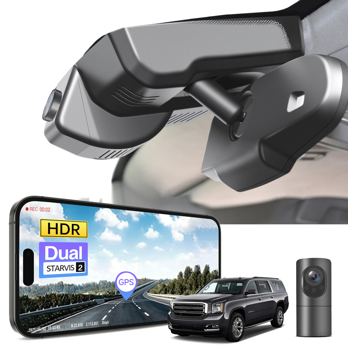 2 channel dash cam with dual STARVIS 2, features smartphone app control, 4K Ultra HD recording, GPS tracking, and GMC Yukon models in the background.