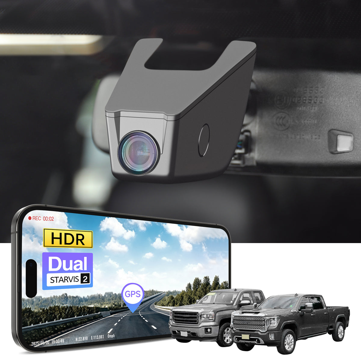 Car rearview mirror built-in dash cam with smartphone app control, 4K Ultra HD recording, GPS tracking and GMC Sierra models in the background.