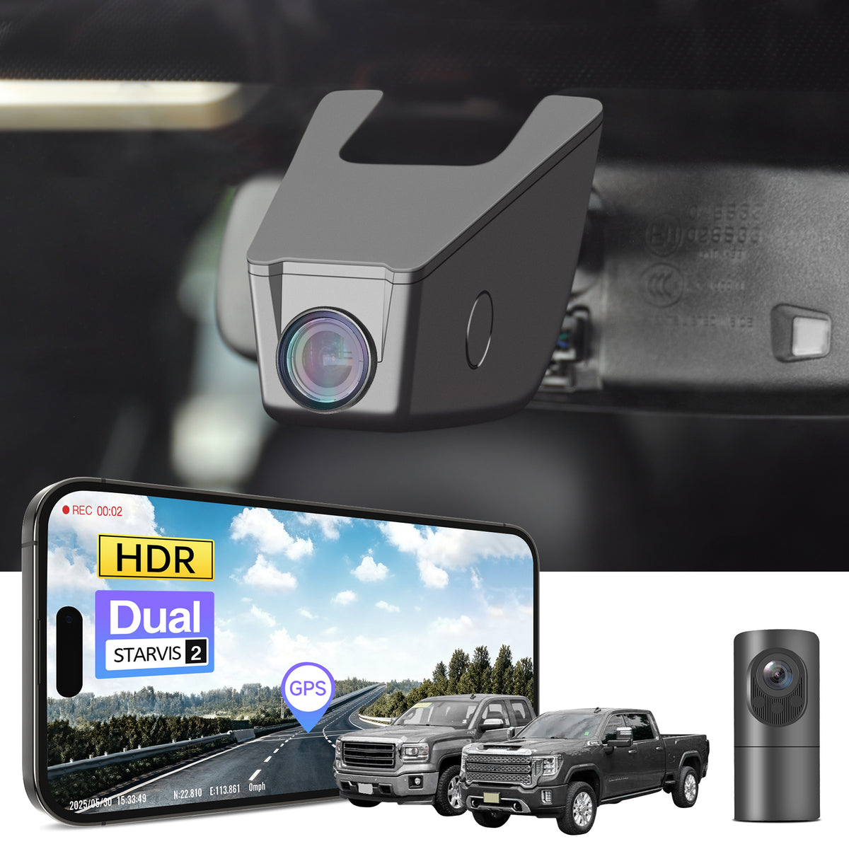 2 channel dash cam with dual STARVIS 2, features smartphone app control, 4K Ultra HD recording, GPS tracking, and GMC Sierra models in the background.