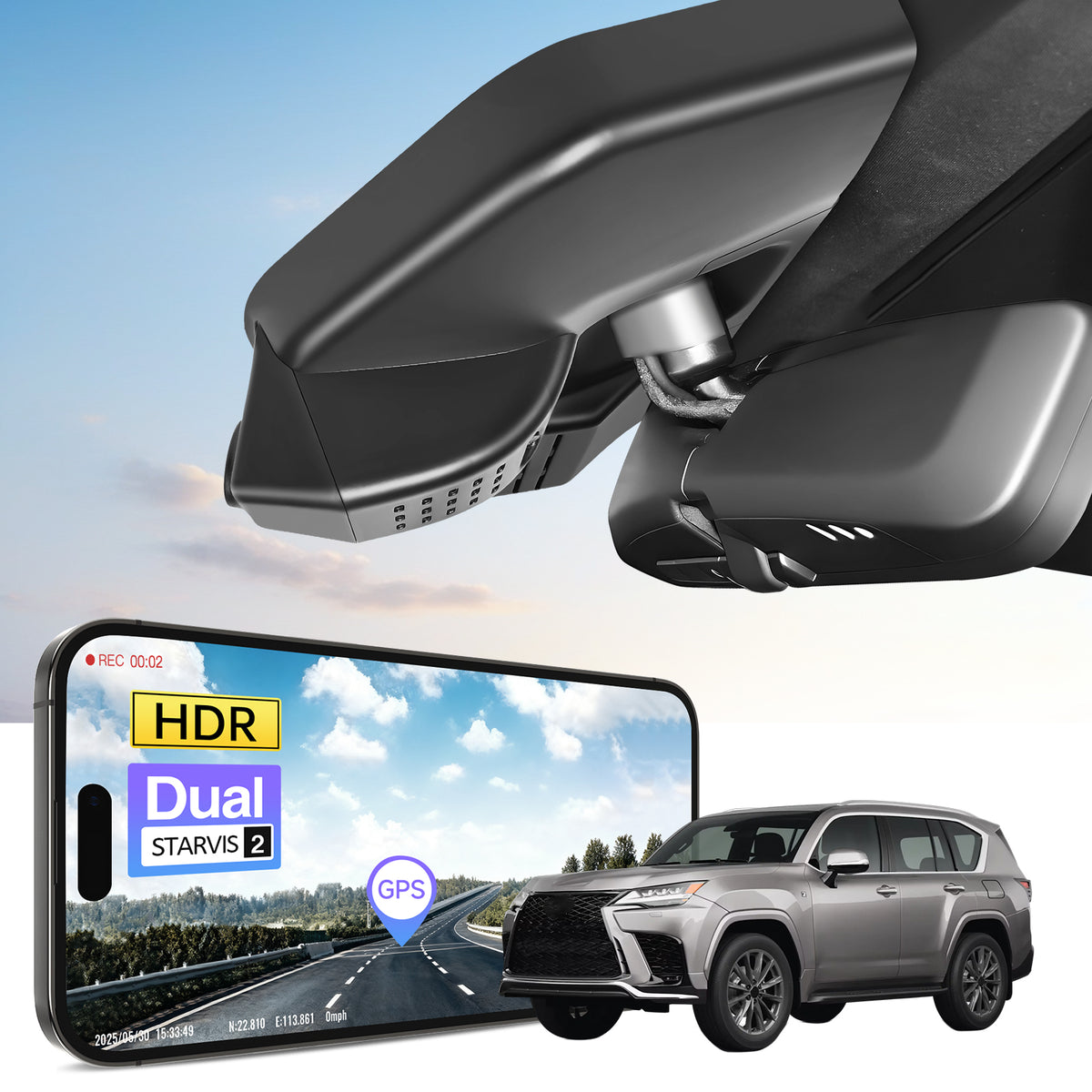 Car rearview mirror built-in dash cam with smartphone app control, 4K Ultra HD recording, GPS tracking and Lexus LX models in the background.