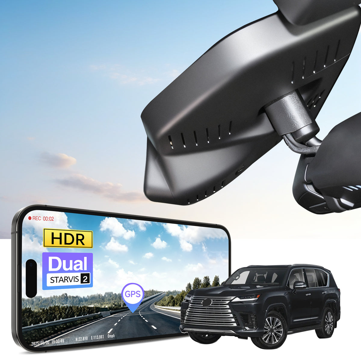 Car rearview mirror built-in dash cam with smartphone app control, 4K Ultra HD recording, GPS tracking and Lexus LX models in the background.