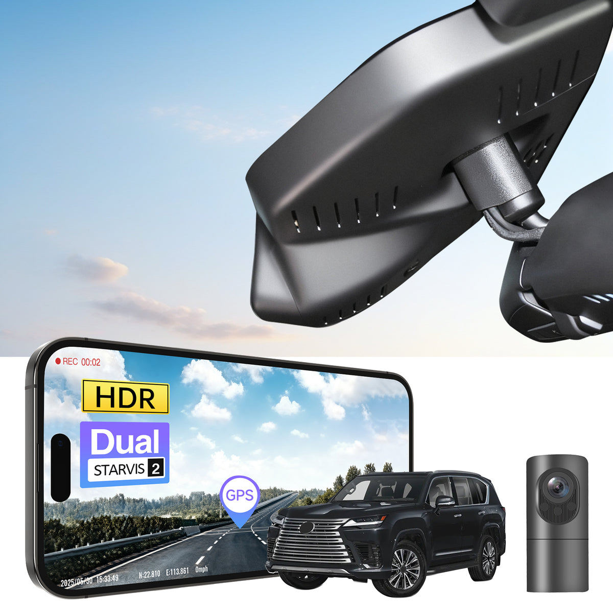 2 channel dash cam with dual STARVIS 2, features smartphone app control, 4K Ultra HD recording, GPS tracking, and Lexus LX models in the background.
