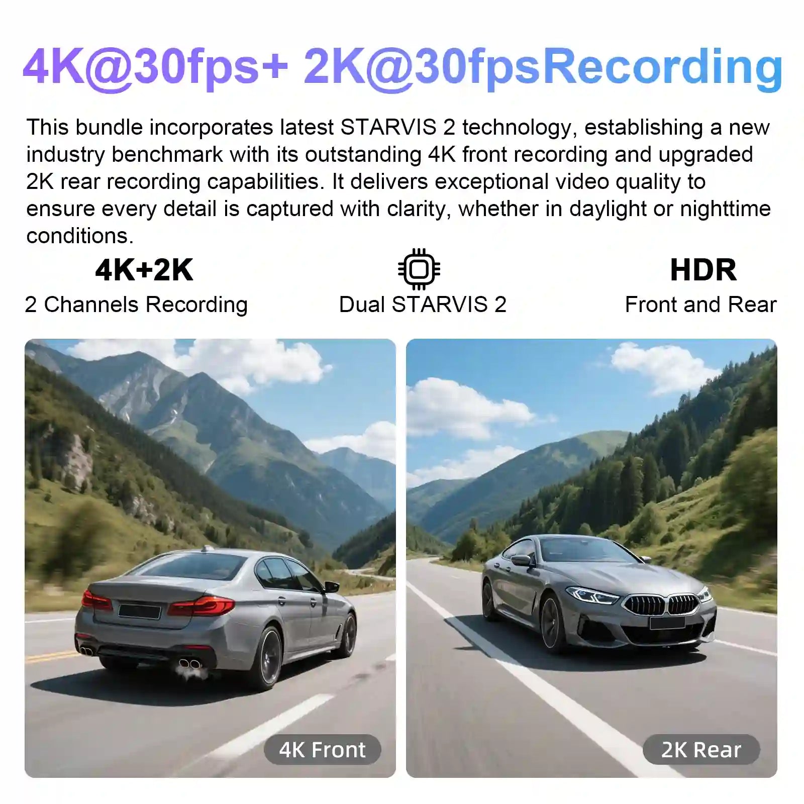 Mangoal dual-channel dash cam showing 4K front and 2K rear recording with clear road details, using Dual STARVIS 2 sensors an