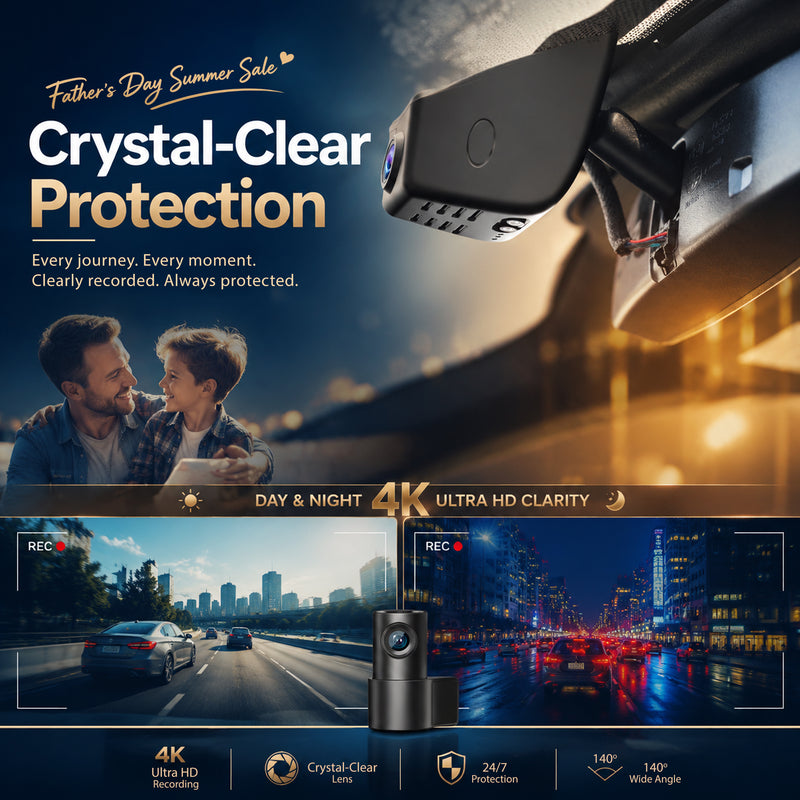 4K UHD dash cam recording with wide-angle lens providing 24/7 protection for Dad on every drive