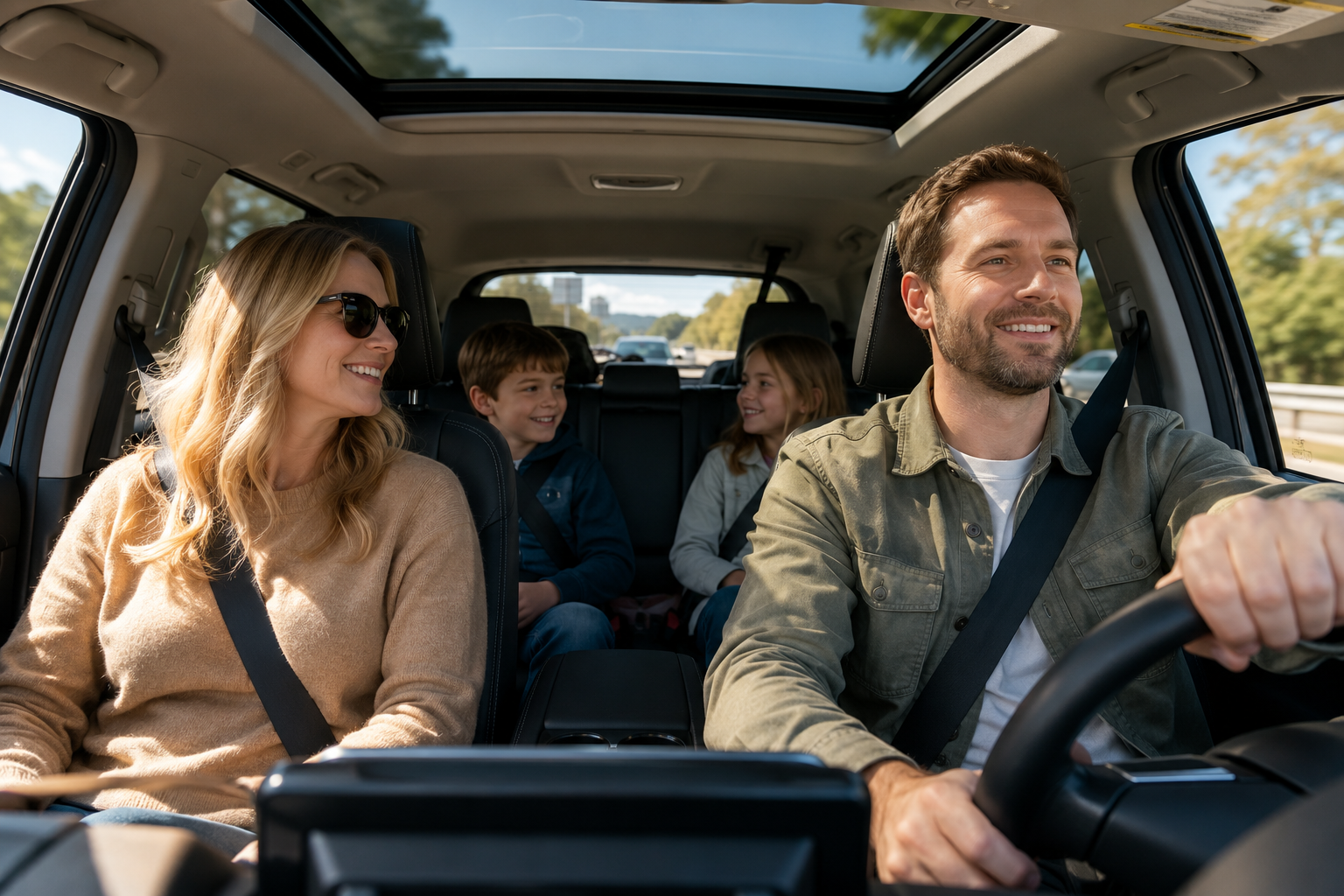 Father driving with family on a summer road trip protected by a 4K dash cam